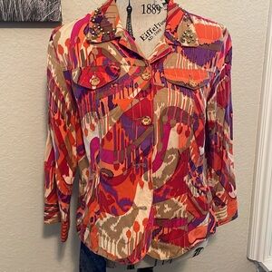 RUBY RD Multicolor Patterned Beaded Linen Jacket wooded button closure SZ:10 ECU